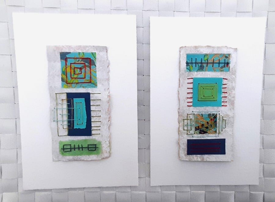 Pretty Patterned Green Turquoise Blue Handstitched Geometric Small Artworks.