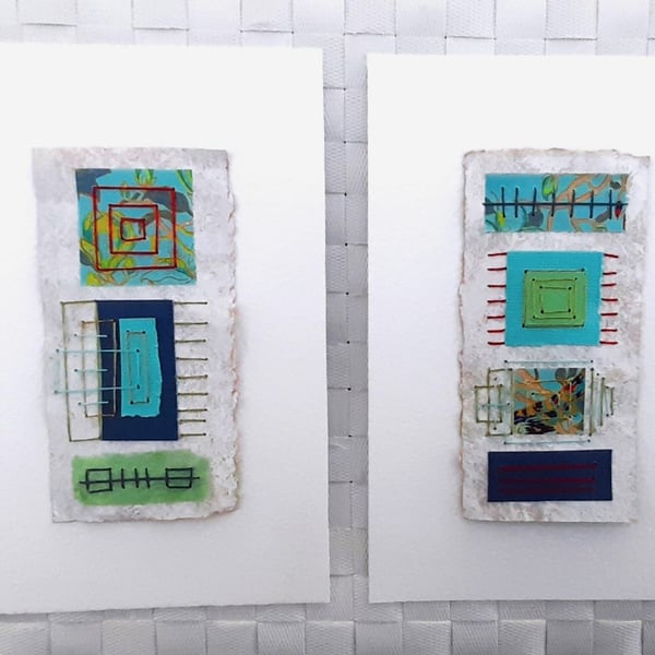 Pretty Patterned Green Turquoise Blue Handstitched Geometric Small Artworks.