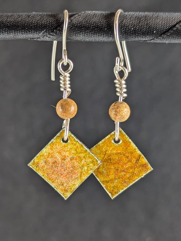 Sterling silver patterned enamelled earrings in autumn colours
