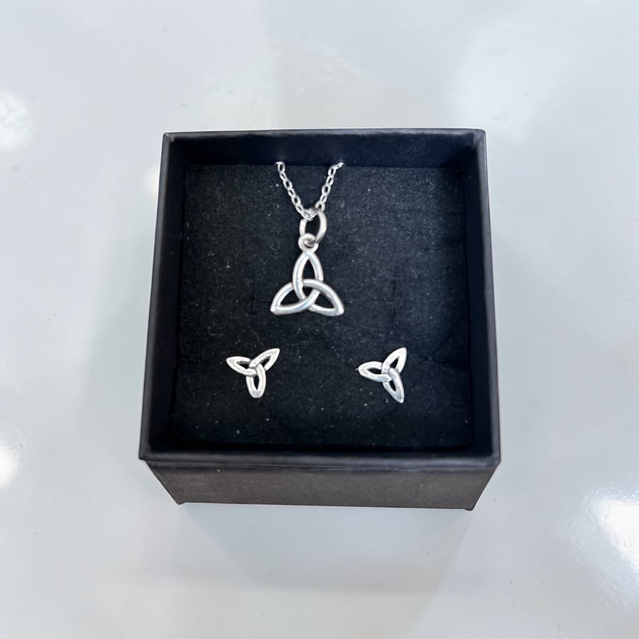 Sterling Silver Trinity Knot Necklace and Earrings - Gift Boxed