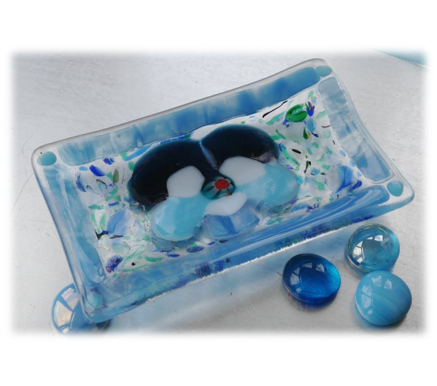 Fused Glass Dish Soap Trinket Snack Turquoise Pansy