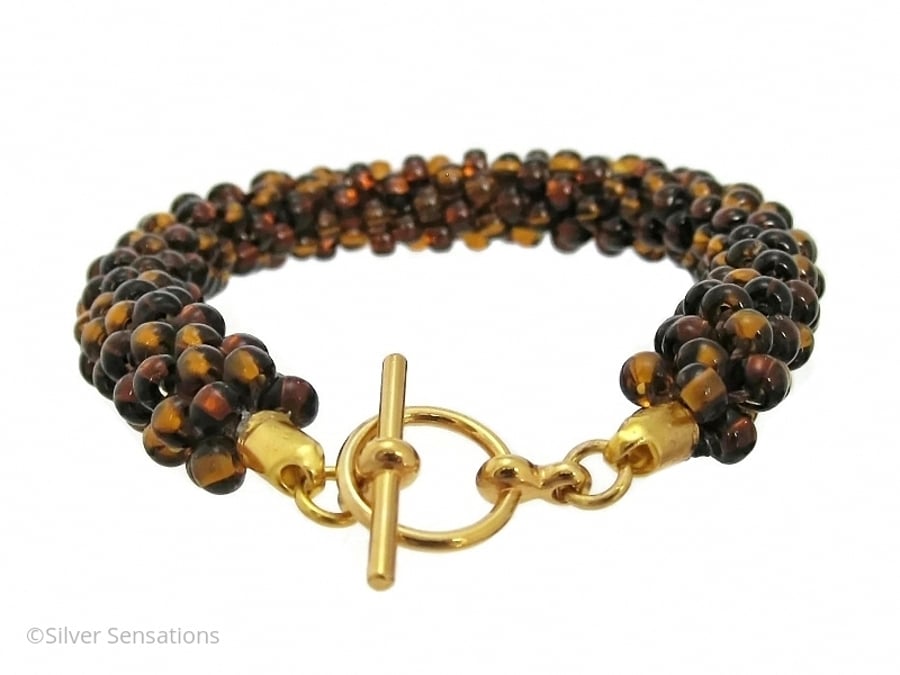 Unique Golden Brown Dark Topaz Seed Beads Kumihimo Fashion Bracelet