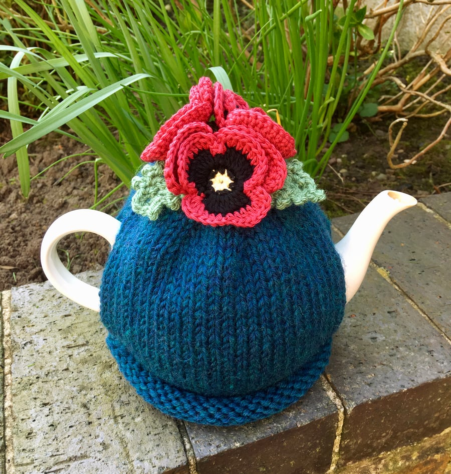 Pretty Pansy Tea Cosy, Wool Knitted Tea Cozy