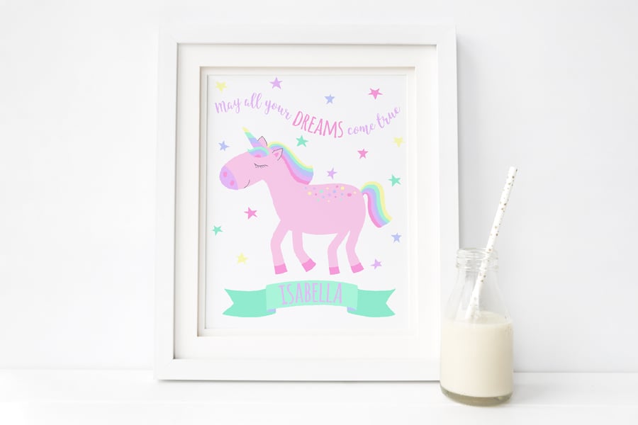 Unicorn Print, Girls Nursery Wall Art, Personalised Print for Girl, 