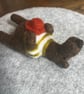 Handmade needle felted brown bear in striped top and holding his hat - Image 3