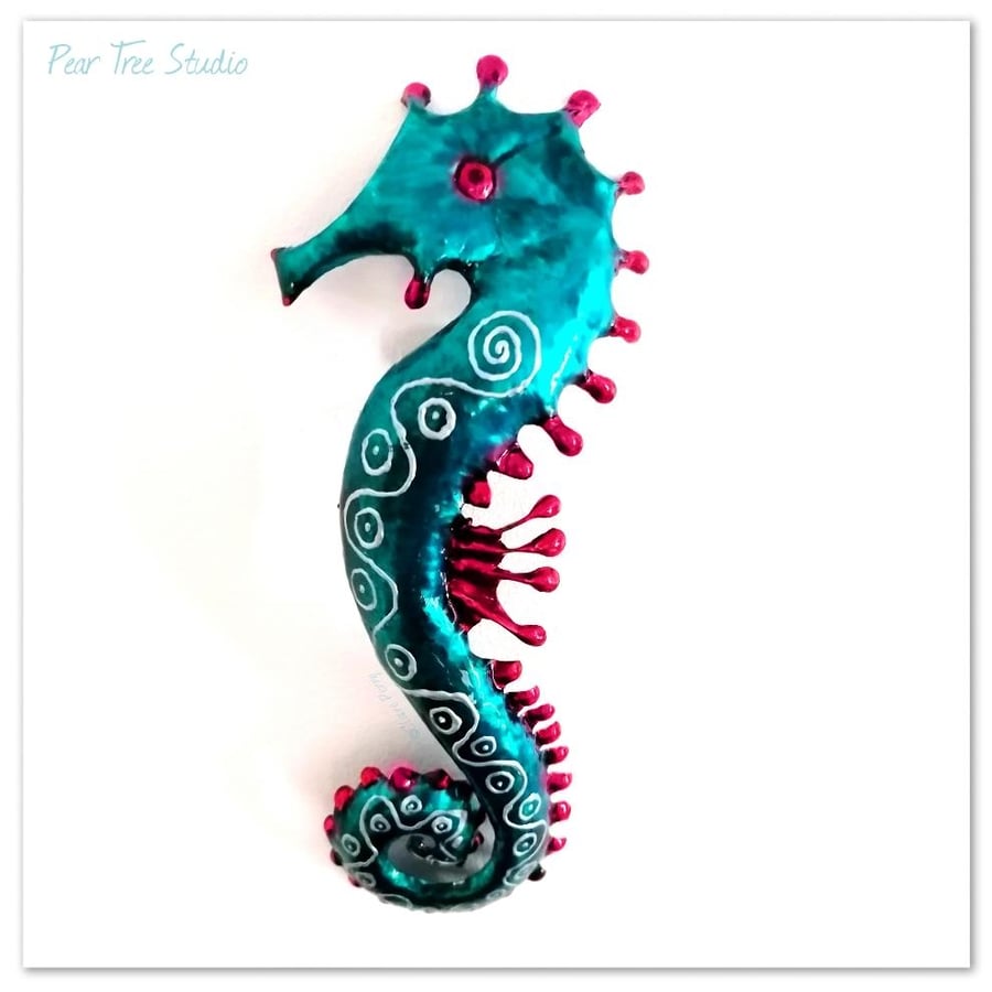 Handmade Metal Seahorse Wall Art, Turquoise and Bordeaux pink