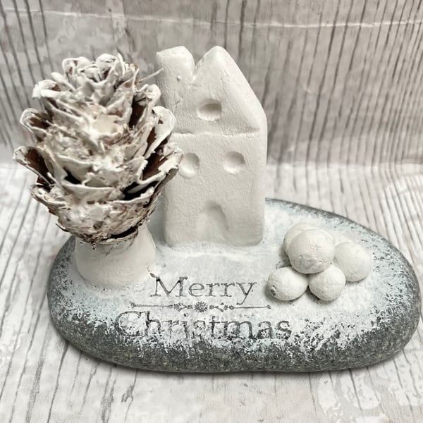 Cute Handmade Clay Christmas Little House With Tree And Snowballs Ornament