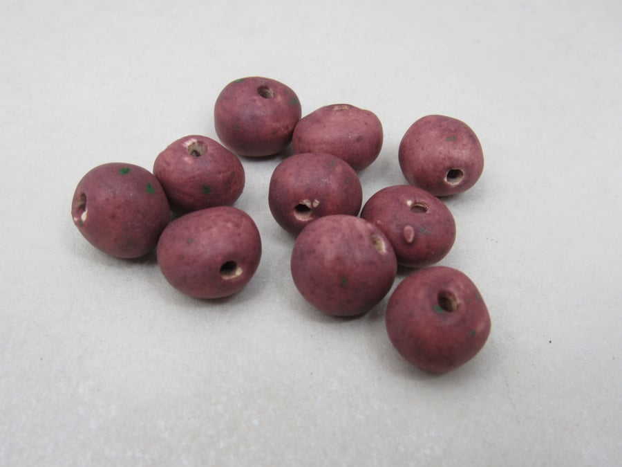 10 Small Damson Purple Glazed Clay Beads