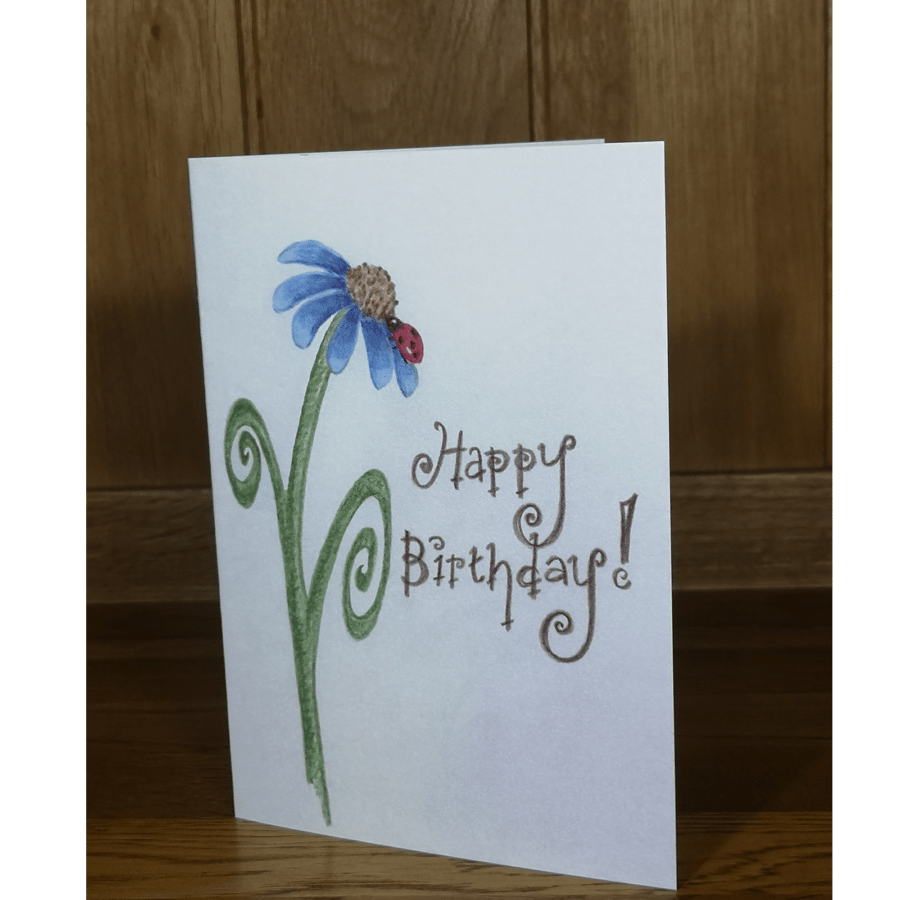 Birthday Card - Ladybird on Blue Daisy