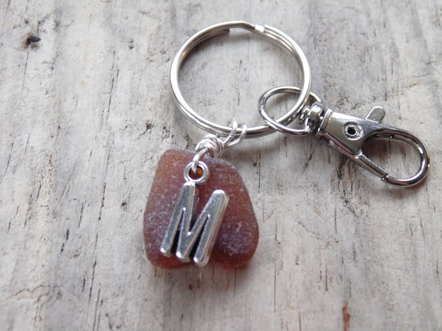 Initial 'M' Amber Cornish Sea Glass Bag Charm Keyring K636