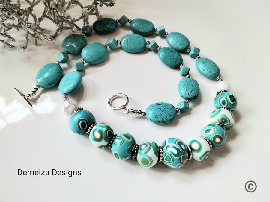 Howlite & Hand Made Polymer Clay & Tibetan Silver Bead Necklace 