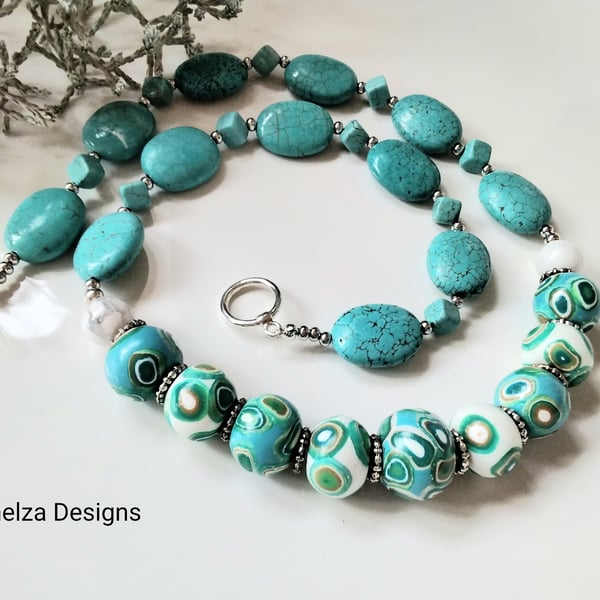 Turquoise Howlite & Hand Made Polymer Clay & Tibetan Silver Bead Necklace 