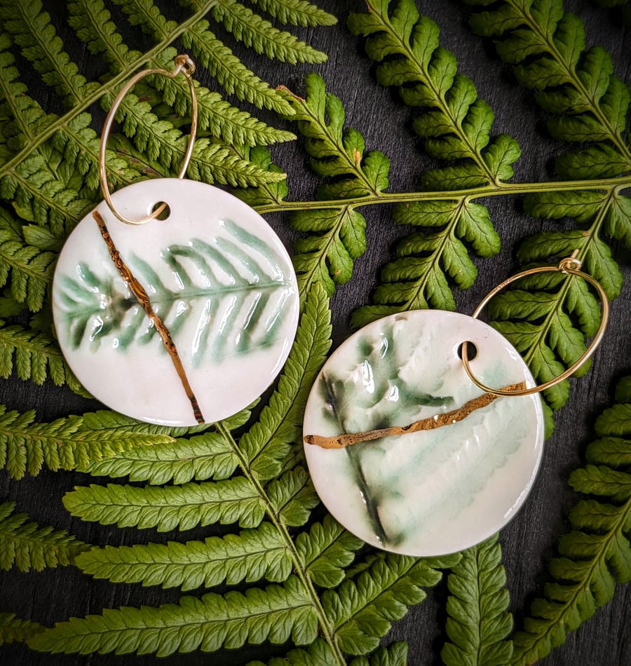 Porcelain Ceramic Fern Earrings with Gold Lustre on Gold Filled Hoops