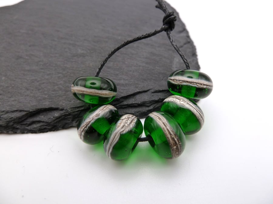 lampwork glass beads, green wrapped set