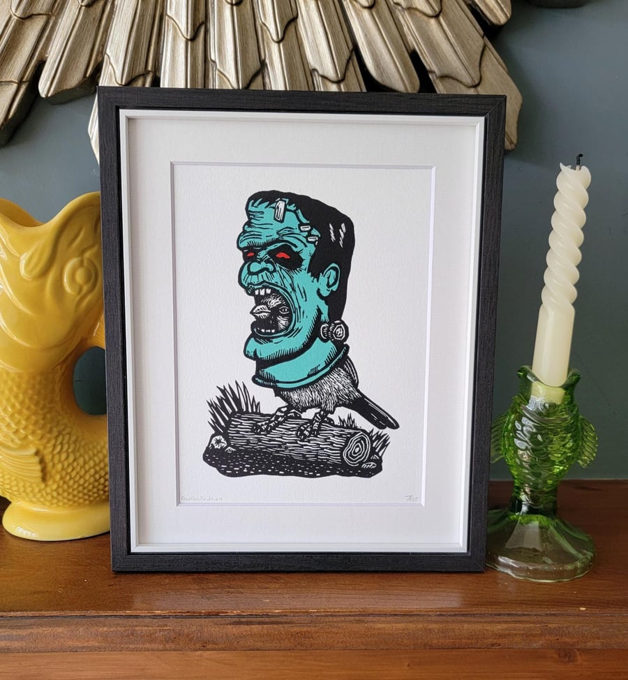 Bird wearing a monster mask - handmade original linocut bird art print ...