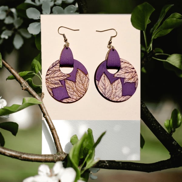 Handcrafted Wooden Engraved Leaf Design Earrings