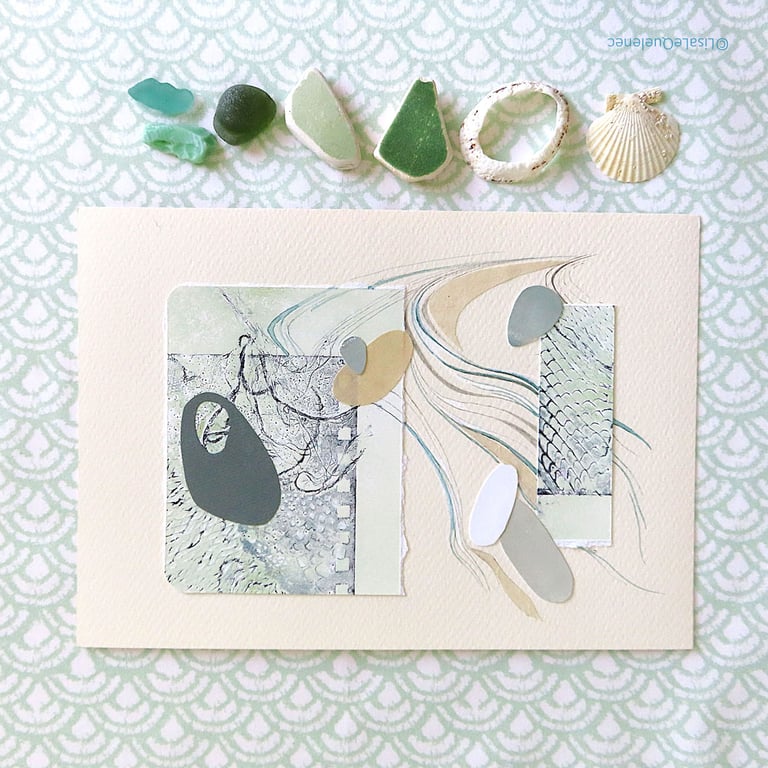 Mixed media collage of pebbles washed up by the tide subtle sage and cream tones