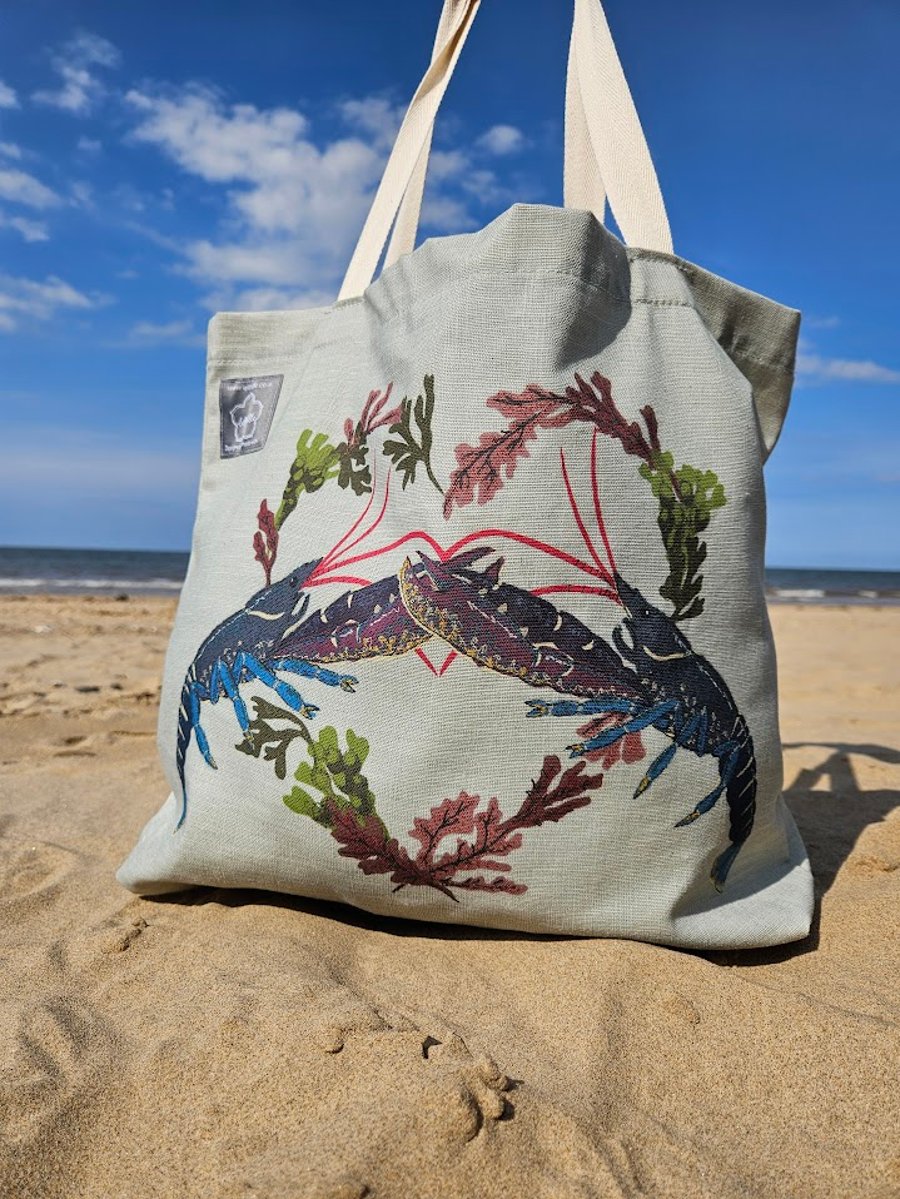 Lobsters printed cotton gusseted tote bag, organic cotton, reusable shopping bag