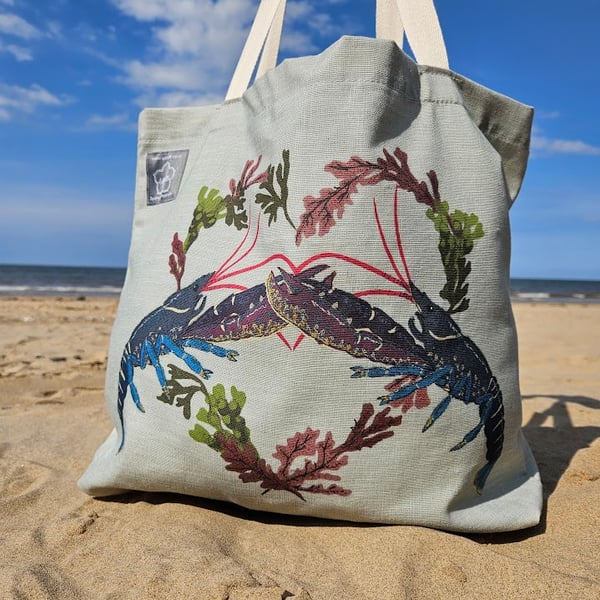 Lobsters printed cotton gusseted tote bag, organic cotton, reusable shopping bag