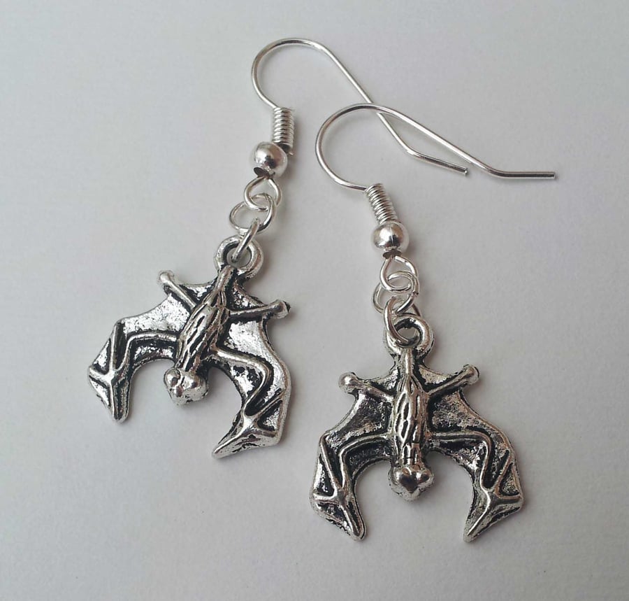Silver Plate Hanging Bat Gothic Earrings