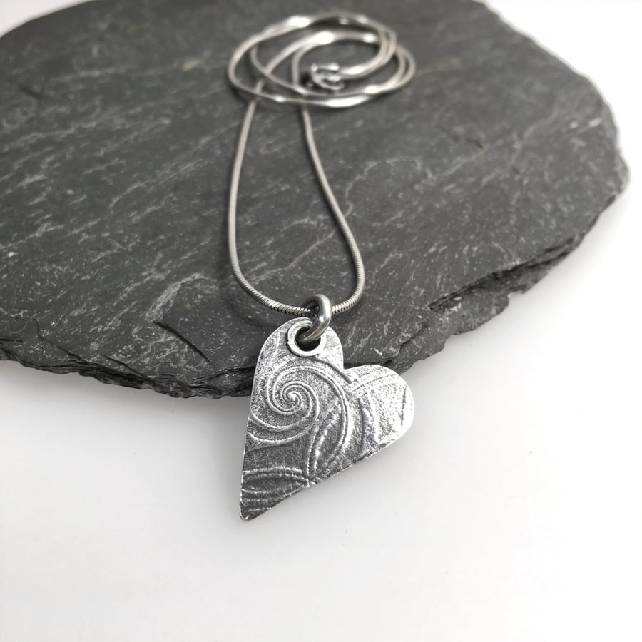 Sterling silver heart pendant on chain, oxidised patterned silver