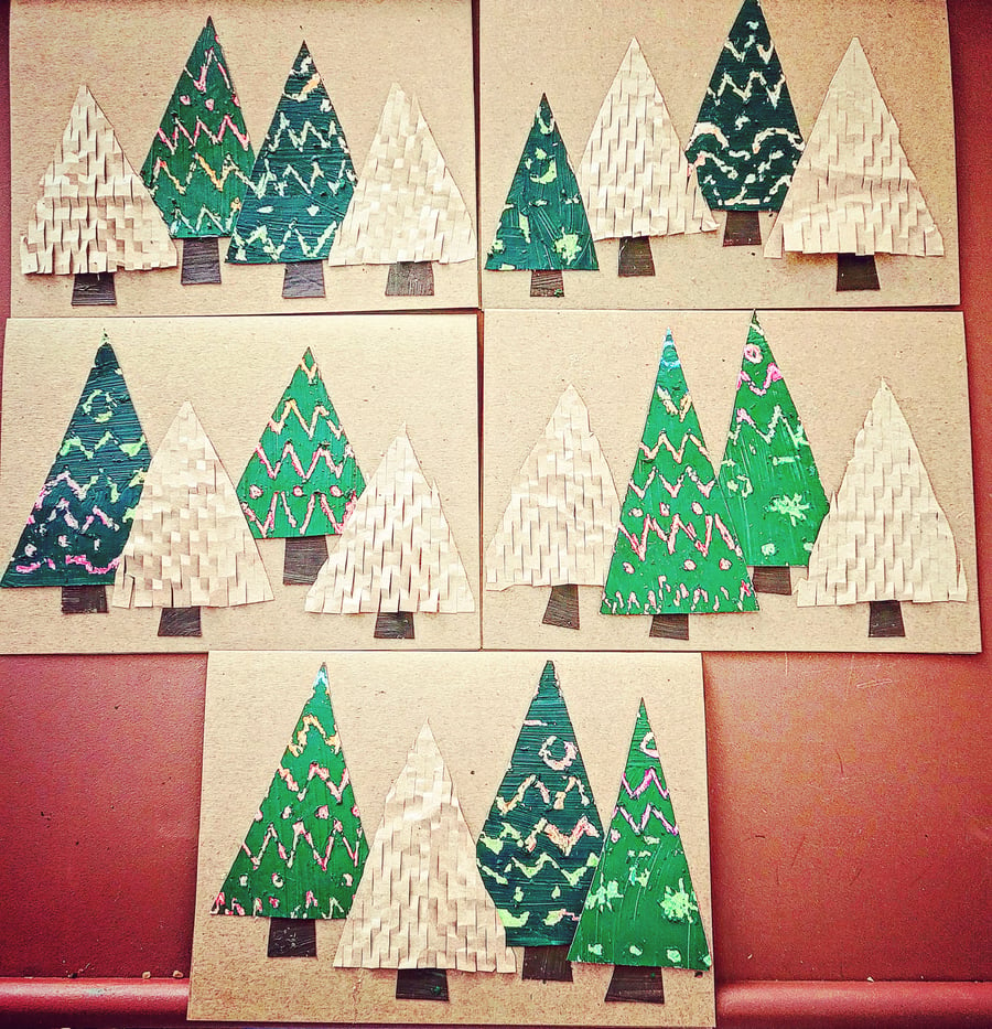 Multicoloured textural Xmas Tree card x 2