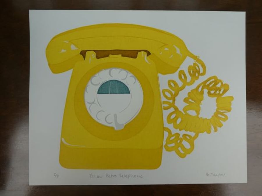 Yellow Retro Telephone - Handmade Silkscreen Print