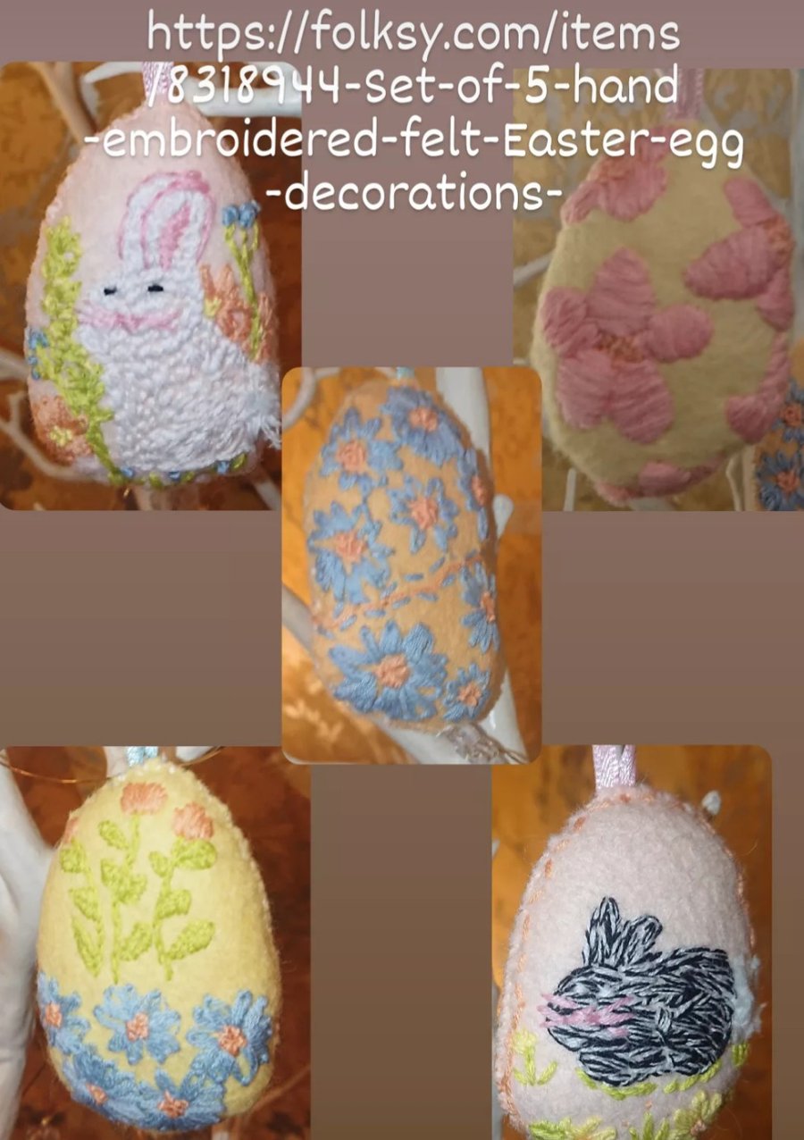 Set of 5 hand embroidered felt Easter egg decorations 
