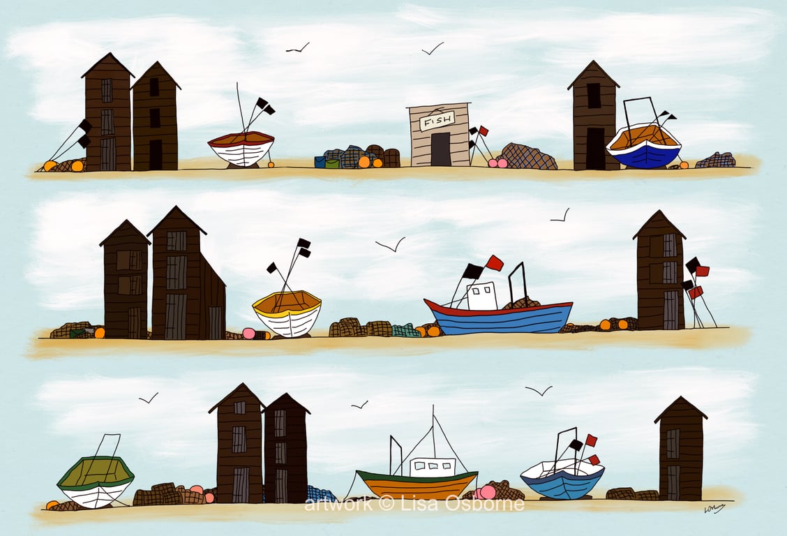 Fishing huts and boats - print from illustration