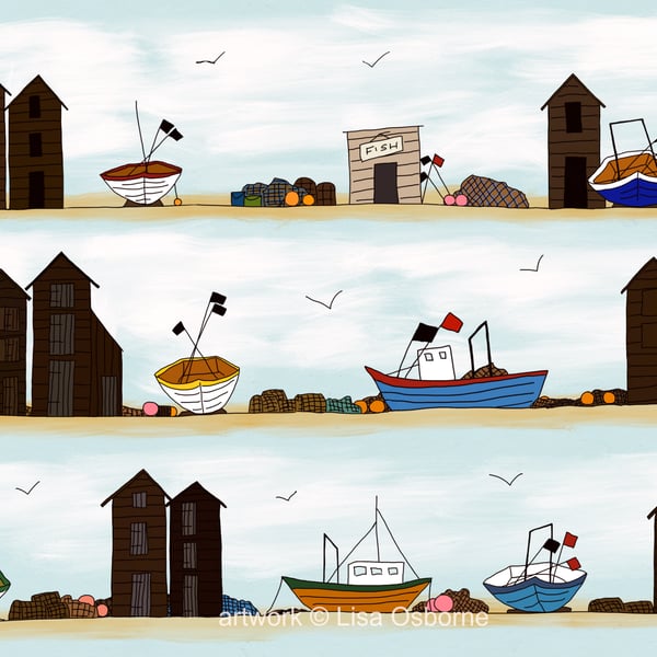 Fishing huts and boats - print from illustration