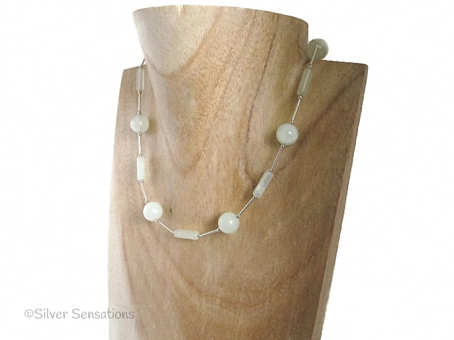 Pale Pastel Green New Jade & Sterling Silver Tubes Necklace