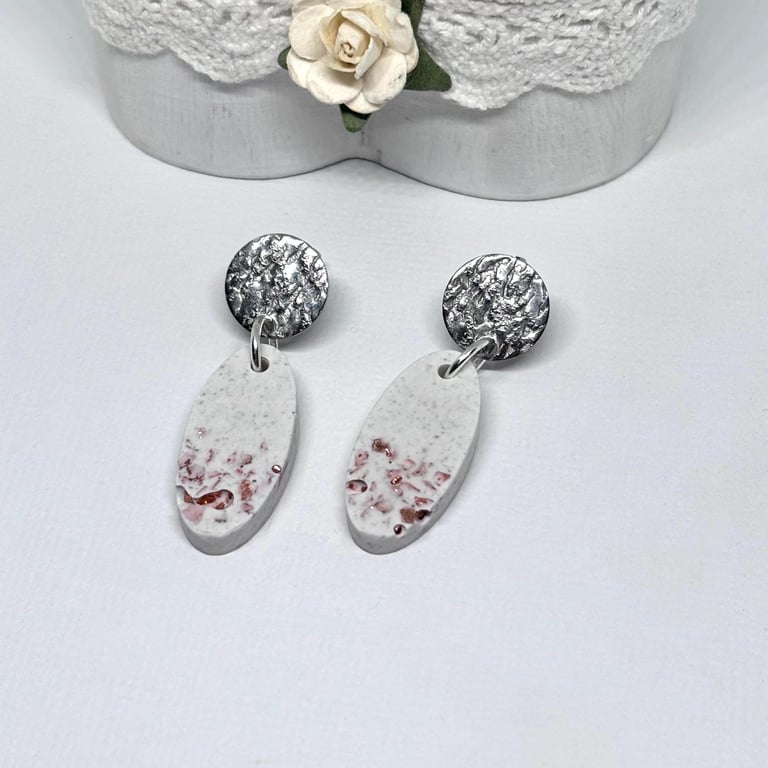 Grey Oval Drop Earrings with Pink Glass