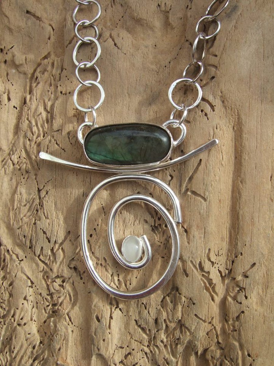 Sterling Silver Labradorite and Moonstone Spiral Pendant