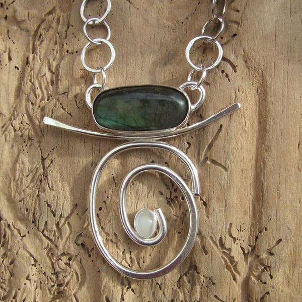 Sterling Silver Labradorite and Moonstone Spiral Pendant