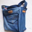 Handmade Upcycled Denim Bag with Retro London Print Lining