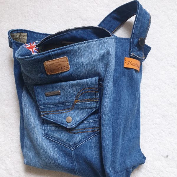 Handmade Upcycled Denim Bag with Retro London Print Lining