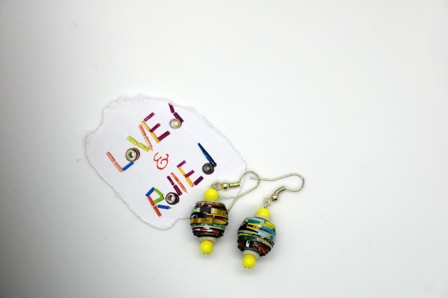Brightly coloured Small round paper bead earrings 