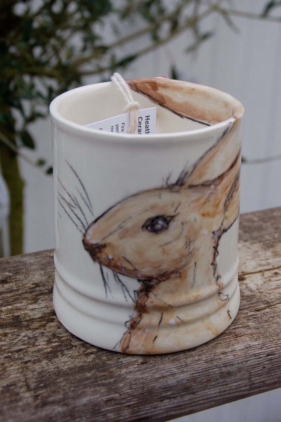 hare mug, hand painted, earthenware