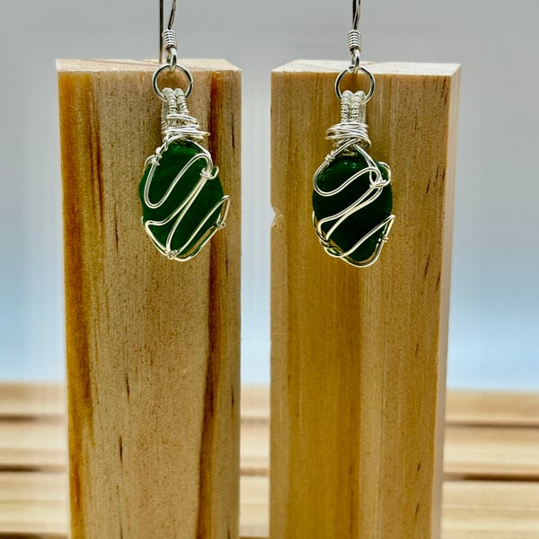 Beautiful Kelly Green Scottish Sea Glass Fish Hook Earrings