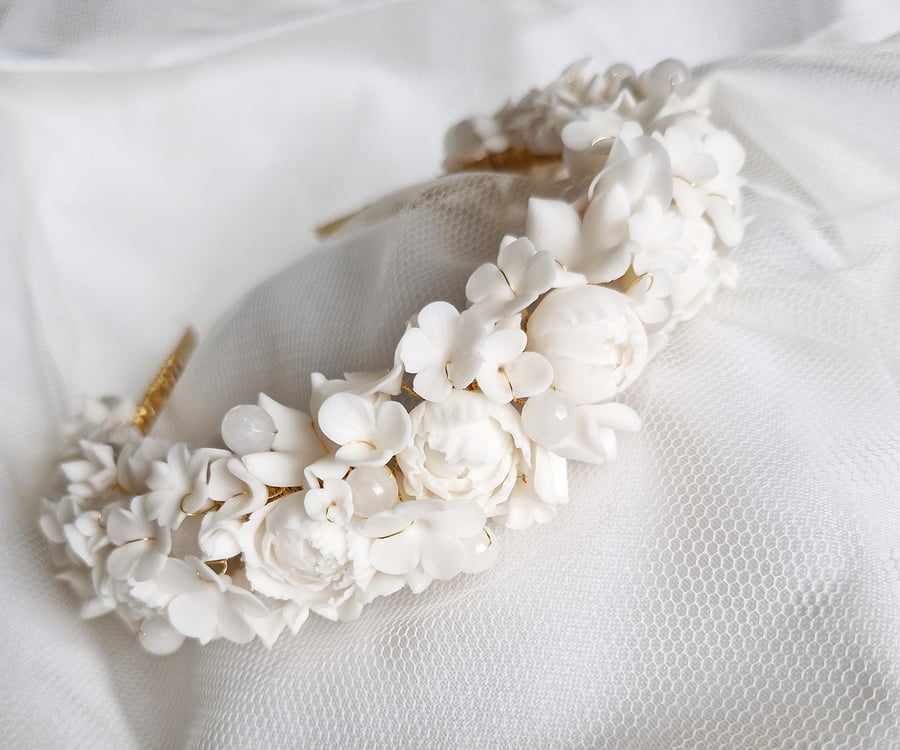 Bridal Headband with soft white delicate handmade clay flowers.