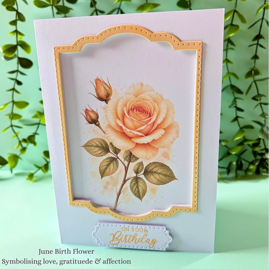 June Birth Flower Birthday Card - Rose - Handmade Botanical Greeting Card