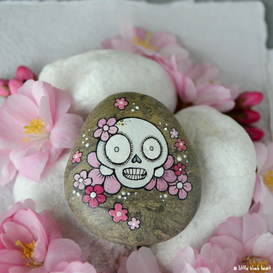 little skull and flowers - painted pebble