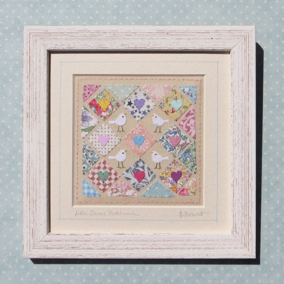 Little Doves Patchwork, framed, finely hand-stitched applique with tiny doves