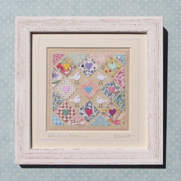 Little Doves Patchwork, framed, finely hand-stitched applique with tiny doves