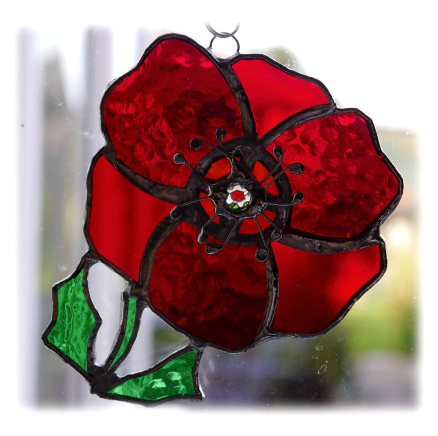 Poppy Suncatcher Stained Glass Handmade Red Flower 030