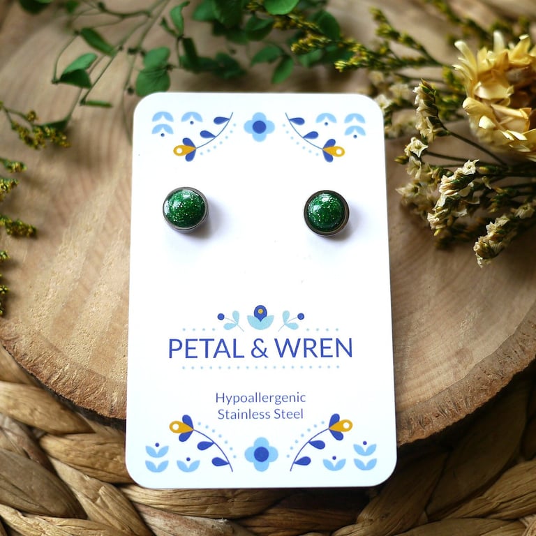 Green Sparkly Hypoallergenic Silver Stud Earrings