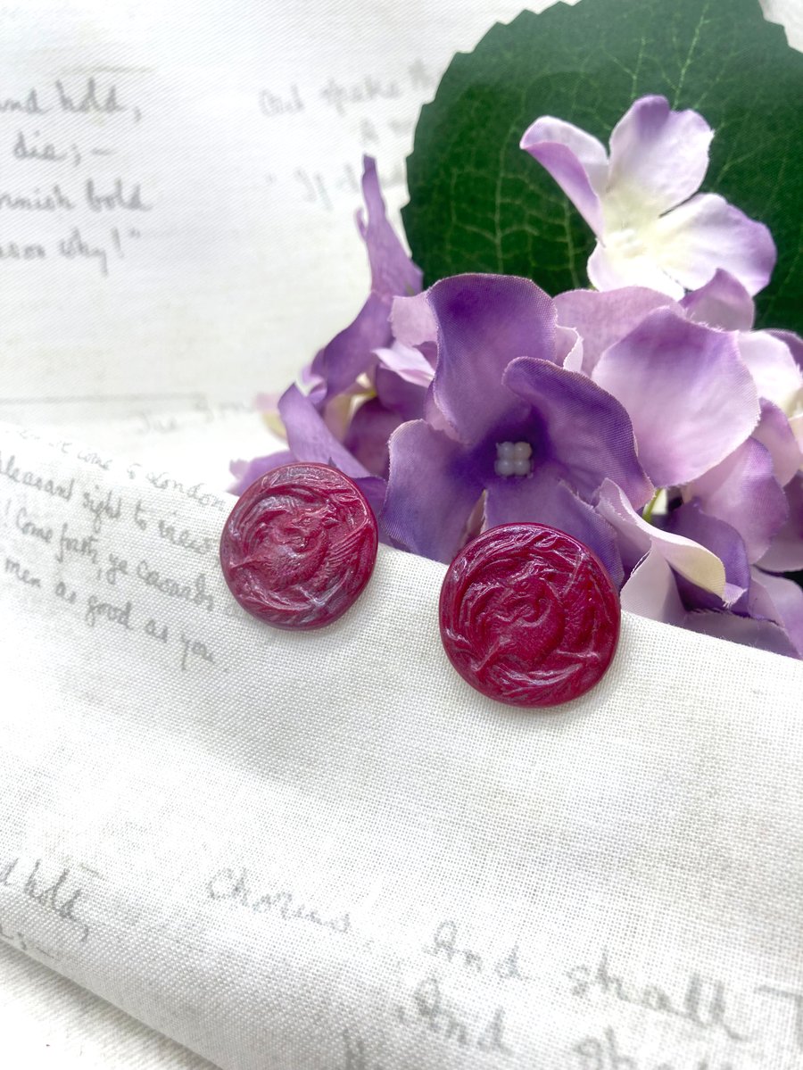 Red  and plum Griffin stud earrings vintage button mythology