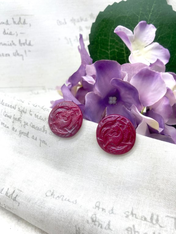 Perfectly Imperfect - Red and plum Griffin stud earrings vintage button