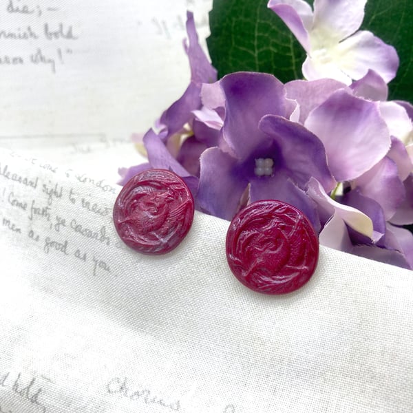 Perfectly Imperfect - Red and plum Griffin stud earrings vintage button