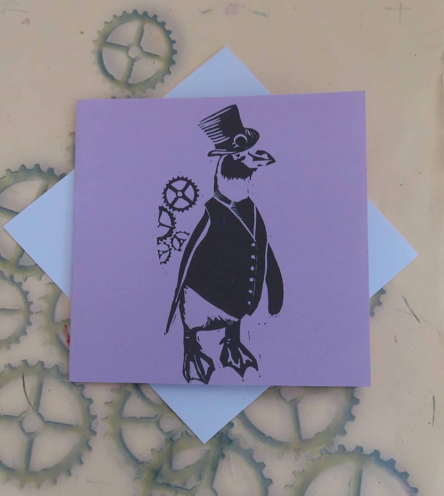 Steampunk Penguin Art Greeting Card From Original Lino Cut Print lilac